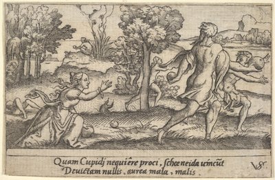 Atalanta ja Hippomenes, etualalla Atalanta polvistumassa poimimaan omenaa ja..., n. 1535-62. tekijältä Virgil Solis