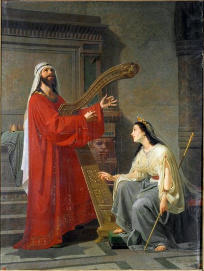 David ja Micol King David soittavat harppua. Virginio Granan (n. 1830-1888) maalaus 1800-luvun su. 243x182 cm Genes, Accademia Ligustica di Belle Arti, inv. 468 tekijältä Virginio Grana
