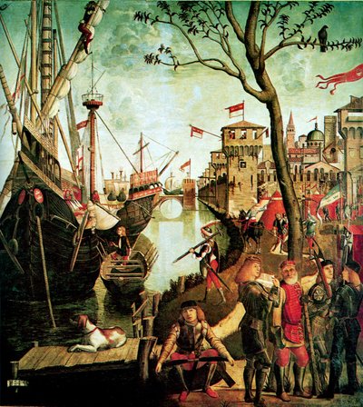 Pyhän Ursulan saapuminen Kölniin hunnien piirityksen aikana Legenda Pyhästä Ursulasta, 1490 tekijältä Vittore Carpaccio