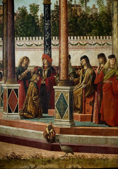 Pyhän Ursulan (Bretonin prinsessan) elämänkierto. Kolmas jakso: Suurlähettiläiden paluu Englannin kuninkaan luo. Kuningasta edustava yksityiskohta. Ote Jacques de Voraginen (noin 1228-1298) legenda doreesta. Maalaus Vittore Scarpazza dit tekijältä Vittore Carpaccio