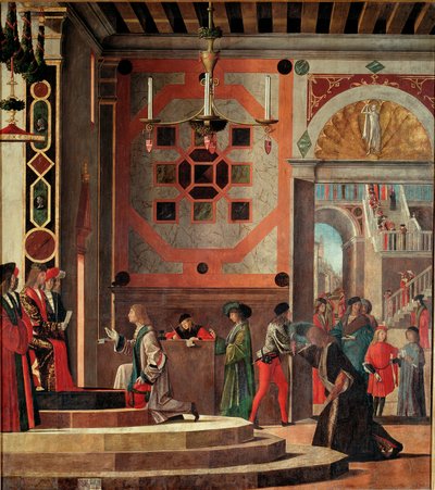Pyhän Ursulan elämän kiertokulku, toinen pöytä: Suurlähettiläiden hyvästit (tai lähtö). (öljy paneelissa tekijältä Vittore Carpaccio
