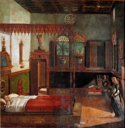 Pyhän Ursulan elämänkierto: Pyhän Ursulan unelma. (Maalaus tekijältä Vittore Carpaccio