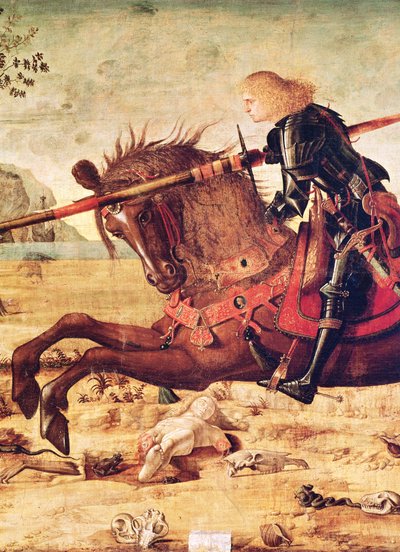 Yksityiskohta St. Georgesta, joka tappaa lohikäärmeen, n. 1502-07 tekijältä Vittore Carpaccio