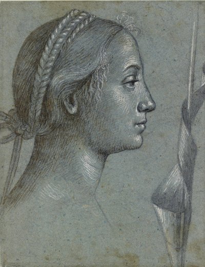Naisen pää, jolla on viiri kierretty napakan ympärille, 1400-luvun loppu tekijältä Vittore Carpaccio