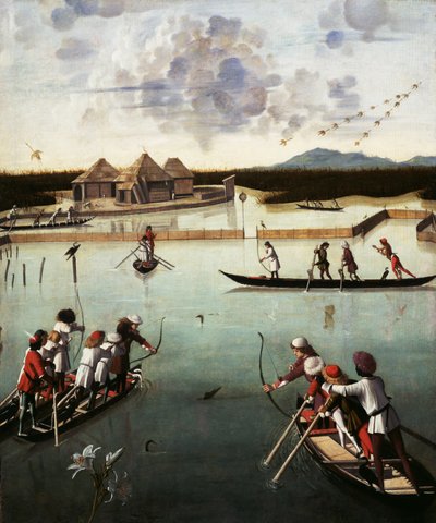 Metsästys laguunilla, n. 1490-5 (öljy paneelille) tekijältä Vittore Carpaccio