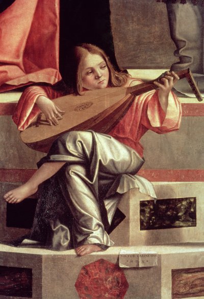 Luuttua soittava enkeli, yksityiskohta teoksesta Jeesuksen esittely temppelissä. tekijältä Vittore Carpaccio