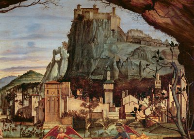 Sacre conversazione, kaupungin ja linnan yksityiskohta taustalla, paneelin yksityiskohta 84002:ssa tekijältä Vittore Carpaccio