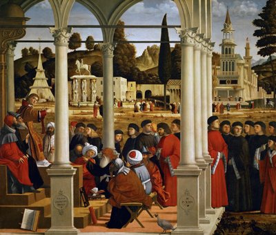 Pyhä Stefanus ylipapin ja sanhedrinin vanhinten edessä, 1514. tekijältä Vittore Carpaccio