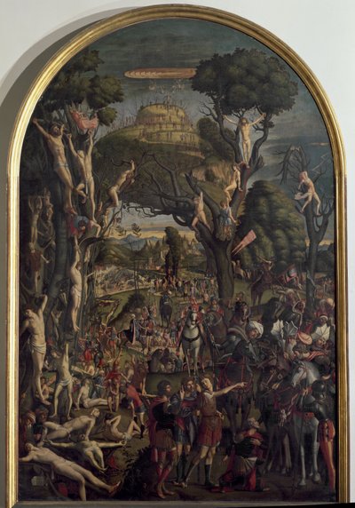 Kymmenen tuhannen marttyyrin ristiinnaulitseminen Ararat-vuorella - Öljy kankaalle tekijältä Vittore Carpaccio
