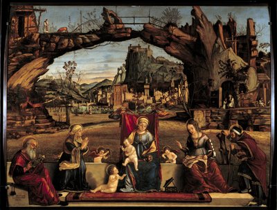Vittore Carpaccion (1450-1526) Pyhän keskustelun maalaus 1500-luvun su. 0,98x1,27 m Avignon, Pienen palatsin museo tekijältä Vittore Carpaccio