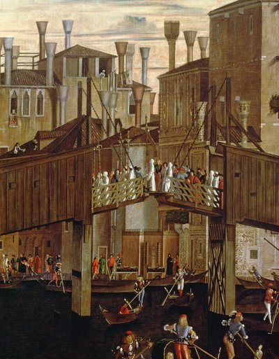 Pyhän ristin reliikin ihme, yksityiskohta vanhasta Rialton sillasta, Scuola di San Giovanni Evangelista, noin 1494. tekijältä Vittore Carpaccio