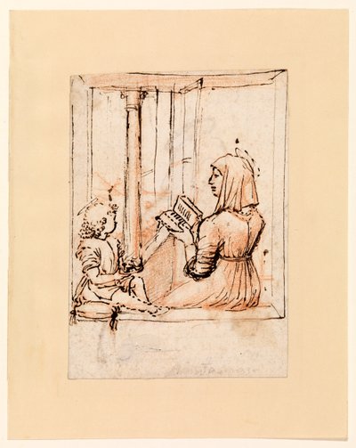 Neitsyt Maria lukee Kristus-lapselle (recto), 1480-luvun loppu - 1490-luvun alku (kynä ja tummanruskea muste punaisella liidulla, levitetylle paperille) tekijältä Vittore Carpaccio