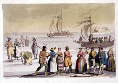 G. Bramattin kaivertama hollantilainen luistelukohtaus (värillinen kaiverrus) tekijältä Vittorio (after) Raineri