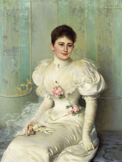 Naisen muotokuva, istuu kolme neljäsosaa pituudesta ja yllään valkoinen mekko tekijältä Vittorio Matteo Corcos