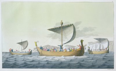 Fleet of William the Conqueror, 1066, levy 8 Jules Ferrarion teoksesta "Le Costume Ancien et Moderne", julkaistu noin 1820-30-luvulla tekijältä Vittorio Raineri