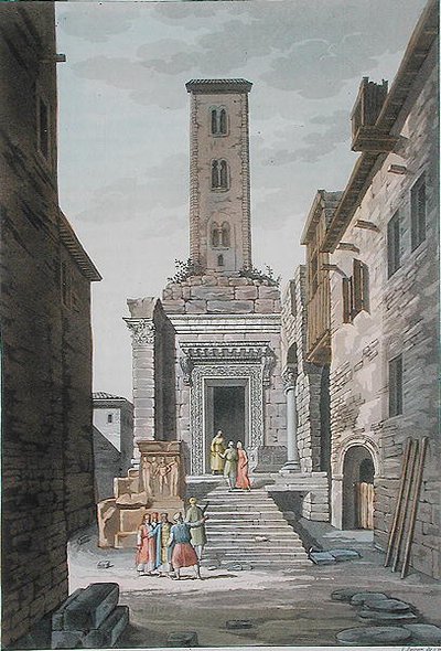 Aesculapiuksen temppeli, Split, Jugoslavia, n.1820 (värinen kaiverrus) tekijältä Vittorio Raineri