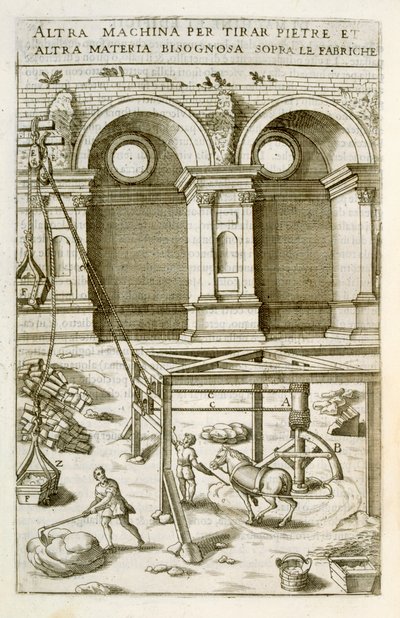 Hevosvoimainen kone rakennusmateriaalien nostamiseen, "New Theatre of Machines and Buildings", pub. 1607 tekijältä Vittorio Zonca