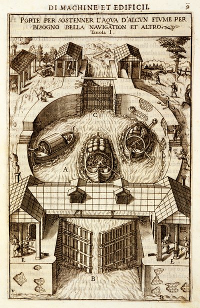 Hydraulinen kone kanavan tai joen sulkuun, 1607 tekijältä Vittorio Zonca