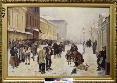 The Night Asylum (Dosshouse). Katukuvaa, väkijoukko apua tarvitsevia, kodittomia ihmisiä on kokoontunut vastaanottorakennuksen eteen, kärsivät kylmästä ja köyhyydestä. Vladimir Jegorovich Makovsky (Makovsky, Makovskij) (1846-1920) maalaus, öljy kankaalle tekijältä Vladimir Egorovic Makovsky