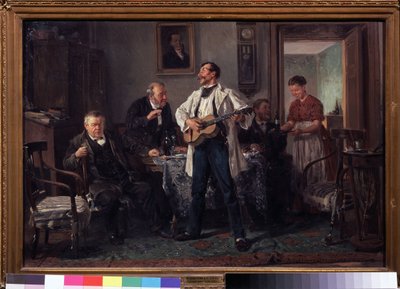 Kaverit. Olohuoneen pöydän ympärille kokoontuneet he kuuntelevat kitaristia, joka laulaa, kun nainen tuo heille uuden viinipullon. Vladimir Jegorovich Makovsky (Makovsky, Makovskij) (1846-1920) maalaus, öljy t tekijältä Vladimir Egorovic Makovsky