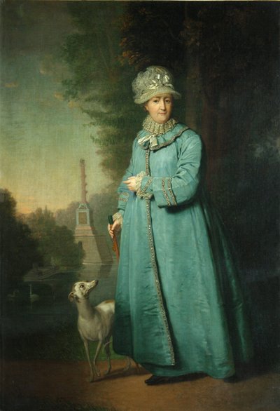 Katariina II kävelemässä Tsarskoje Selon puistossa Chesme-pylvään taustalla, 1794 tekijältä Vladimir Lukich Borovikovsky