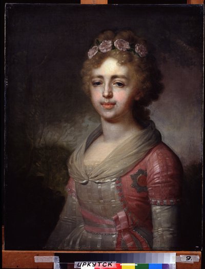 Suurherttuatar Alexandra Pavlovnan (1783-1801), keisari Paavali I:n tyttären muotokuva (Suurruhtinatar Alexandra Pavlovnan, keisari Paavali I:n tyttären muotokuva). Vladimir Lukich Borovikovsky (tai Borovikovsky) (1757-1825) maalaus. Öljy kankaalle tekijältä Vladimir Lukich Borovikovsky