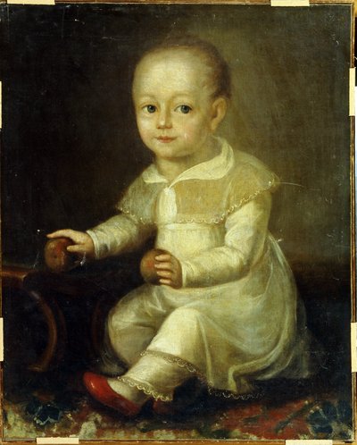 Muotokuva lapsesta omenoiden kanssa. (Lapsen muotokuva omenoiden kanssa). Vladimir Lukitsh Borovikovsky (tai Borovikovsky) (1757-1825) maalaus tekijältä Vladimir Lukich Borovikovsky