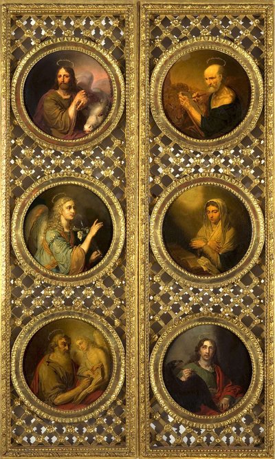 Kuninkaalliset ovet, joissa Kristus, Neitsyt, arkkienkeli Gabriel ja neljä evankelistaa, 1804-09 (öljy puristekartongille). tekijältä Vladimir Lukich Borovikovsky