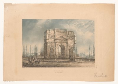 Maisema oranssin riemukaarilla matkustajien kanssa oranssi. (Arc de Triomphe) (otsikko esineessä) tekijältä Vogel (prentmaker)