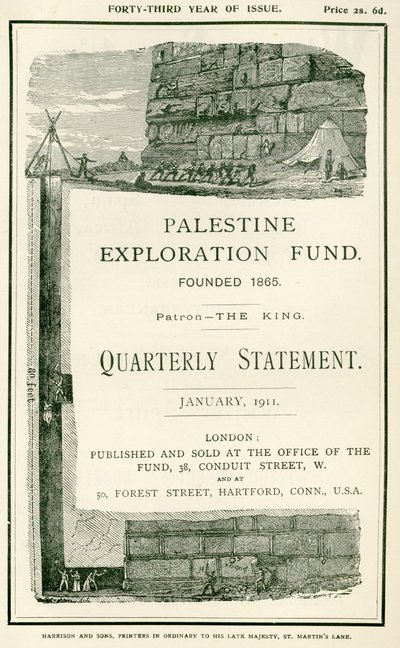 Etukuva, joka kuvaa luutnantti Charles Warrenin ja hänen miehensä suorittamia tutkimuksia lähellä Haram al Sharifin etelämuuria Jerusalemissa Palestiinan näyttelyn neljännesvuosittaisesta lausunnosta. tekijältä W.H. Simpson