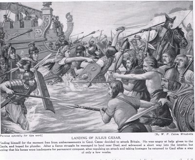 Julius Caesarin laskeutuminen, kuvitus "Hutchinsonin kansojen historiasta", n. 1910 tekijältä W.P. Caton Woodville