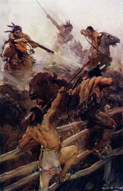 Läheltä puhvelin kanssa (väri litho) tekijältä W.R.S. (after) Stott