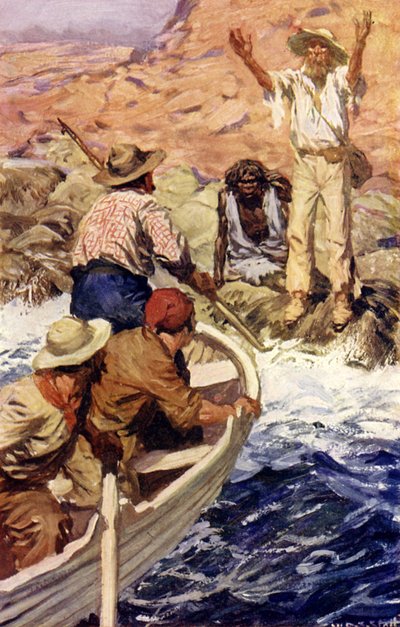 Ranskalaiset valaanpyytäjät pelastivat Edward Eyren (värilitho) tekijältä W.R.S. (after) Stott