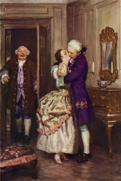 "Sitten hän otti hänet syliinsä ja suuteli häntä" (väri litho) tekijältä W.R.S. (after) Stott