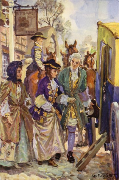 "Hänen herransa johdatti naiset ajoneuvoon" (väri litho) tekijältä W.R.S. (after) Stott