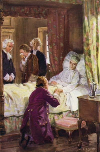 "Jones heittäytyi hyväntekijänsä jalkojen juureen" (väri litho) tekijältä W.R.S. (after) Stott