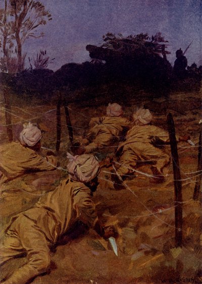 Intiaanisotilaat hiipivät eteenpäin yhtä hiljaa kuin kissat (väri litho) tekijältä W.R.S. (after) Stott