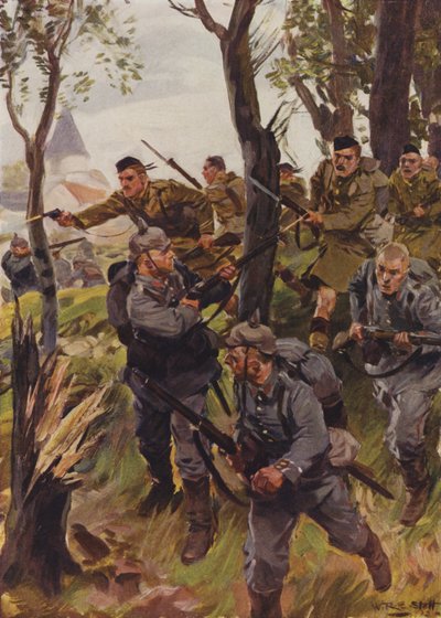 Seaforth Highlanders karkottaa vihollisen (väri litho) tekijältä W.R.S. (after) Stott