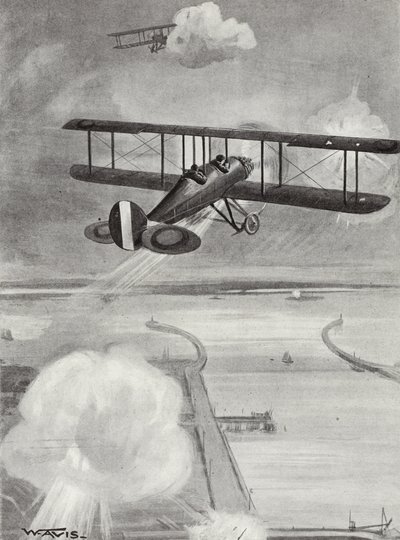 Laivueenjohtaja Richard Davies ja lentoluutnantti Richard Peirse pudottivat pommeja Zeebruggen sukellusveneasemalle raskaan tulen alla, 23. tammikuuta 1915 tekijältä W. Avis