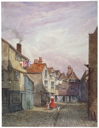 Näkymä naisesta ja lapsesta kävelemässä Crown Courtissa, Bermondseyssa, Lontoossa, vuonna 1825 tekijältä W Barker