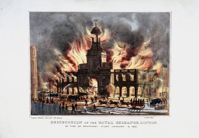 "Kuninkaallisen pörssin tuhoaminen" 2. tulipalo, Lontoo, 1838 tekijältä W Clerk
