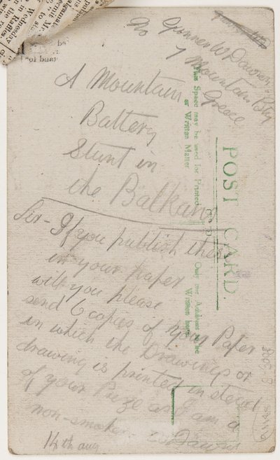 Postikortti Liverpool Weekly Courier -lehden päätoimittajalle, 14. elokuuta 1918 (lyijykynä postikortissa). tekijältä W. Dawson