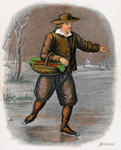 Hollantilainen mies luistelee kasviskorin kanssa, 1809. tekijältä W. Dickes
