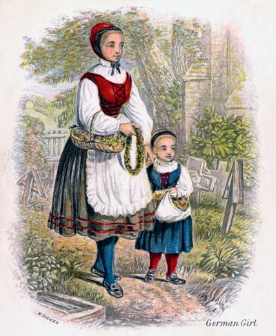 Kaksi saksalaista tyttöä kukkakoreilla, 1809. tekijältä W. Dickes