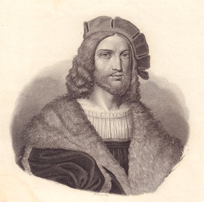 Italialaisen runoilijan Antonio Tebaldeon (1463-1537) muotokuva, kuparikaiverrus Rafaelin maalauksesta. tekijältä John Ward Dunsmore