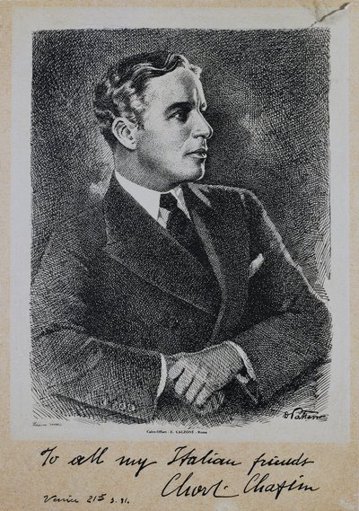 Sir Charles Spencer Chaplinin (1889-1977), englantilaisen näyttelijän ja ohjaajan muotokuva tekijältä John Ward Dunsmore