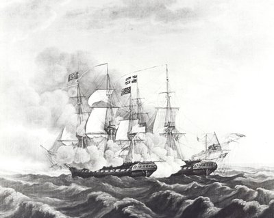USS Constitution ja HMS Guerriere (litografia) tekijältä John Ward Dunsmore