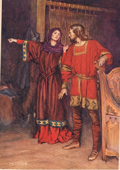 Gertrude paljastaa, että Hamlet on tappanut Poloniuksen, William Shakespearen Hamletista, Hodder und Stoughtonin vuonna 1915 julkaisemasta painoksesta. tekijältä W. G. Simmonds