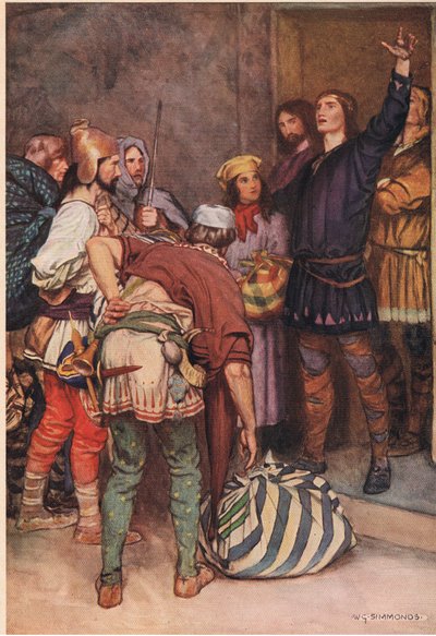 Hamlet toivottaa matkustavat pelaajat tervetulleeksi Elsinoreen, William Shakespearen Hamletista, Hodder und Stoughtonin vuonna 1915 julkaisemasta painoksesta. tekijältä W. G. Simmonds