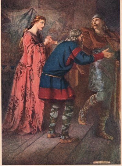 Laertes jättää jäähyväiset sisarelleen Ofelialle, William Shakespearen teoksesta "Hamlet", Hodder und Stoughtonin vuonna 1915 julkaisema painos. tekijältä W. G. Simmonds